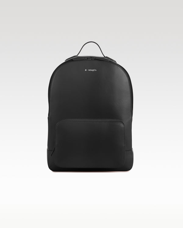 Classic Requirement Backpack in black – front view, plant leather