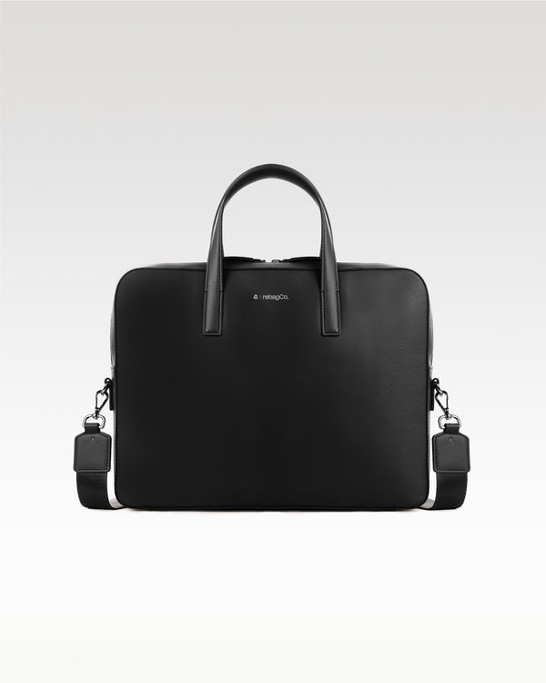Transit Briefcase in black – front view, slim plant leather